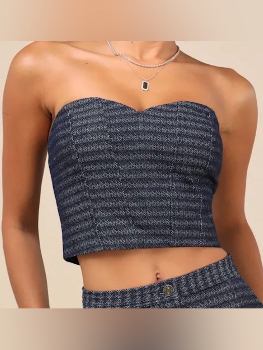 Lulus Navy Blue Tweed Strapless Crop Top NWT Chic Fitted Bustier